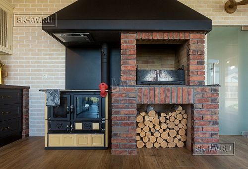 Интерьер летней кухни с каменной печью и панорамным остеклением в д. Пеники от СК Медный Всадник - 2