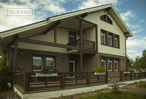 Строительство двухэтажного каркасного коттеджа шале около 300 кв м с комбинированной отделкой коричневым кирпичом и деревом в п Володарский - 13