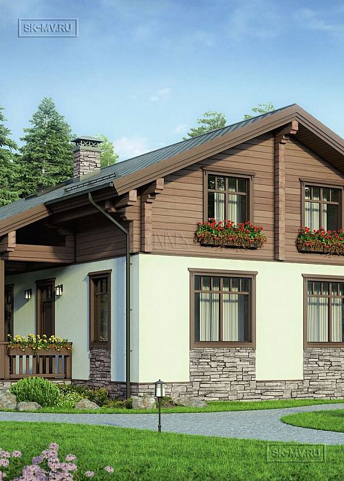 Проект загородного дома в русском стиле Русская усадьба с террасой
